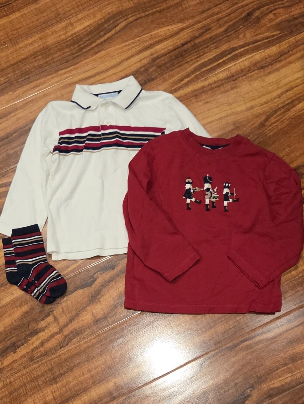Janie and Jack EUC 2T Striped Polo, Red Nutcracker Top and Socks